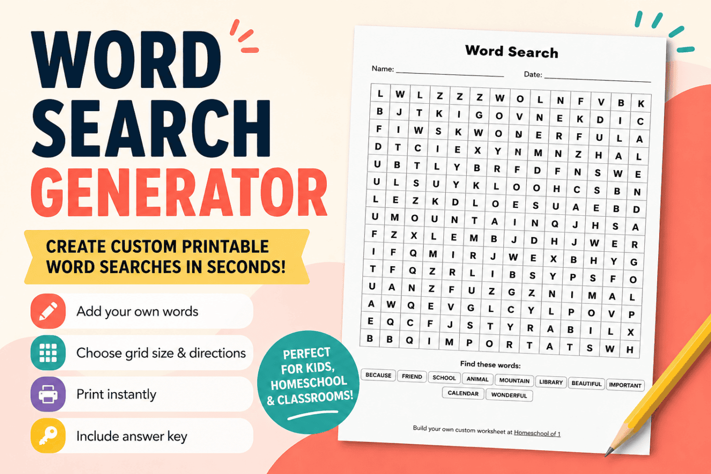 Word search generator tool with printable puzzle preview and customization options for kids worksheets