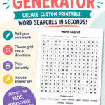 Printable word search generator for kids showing custom puzzle example and easy create and print features