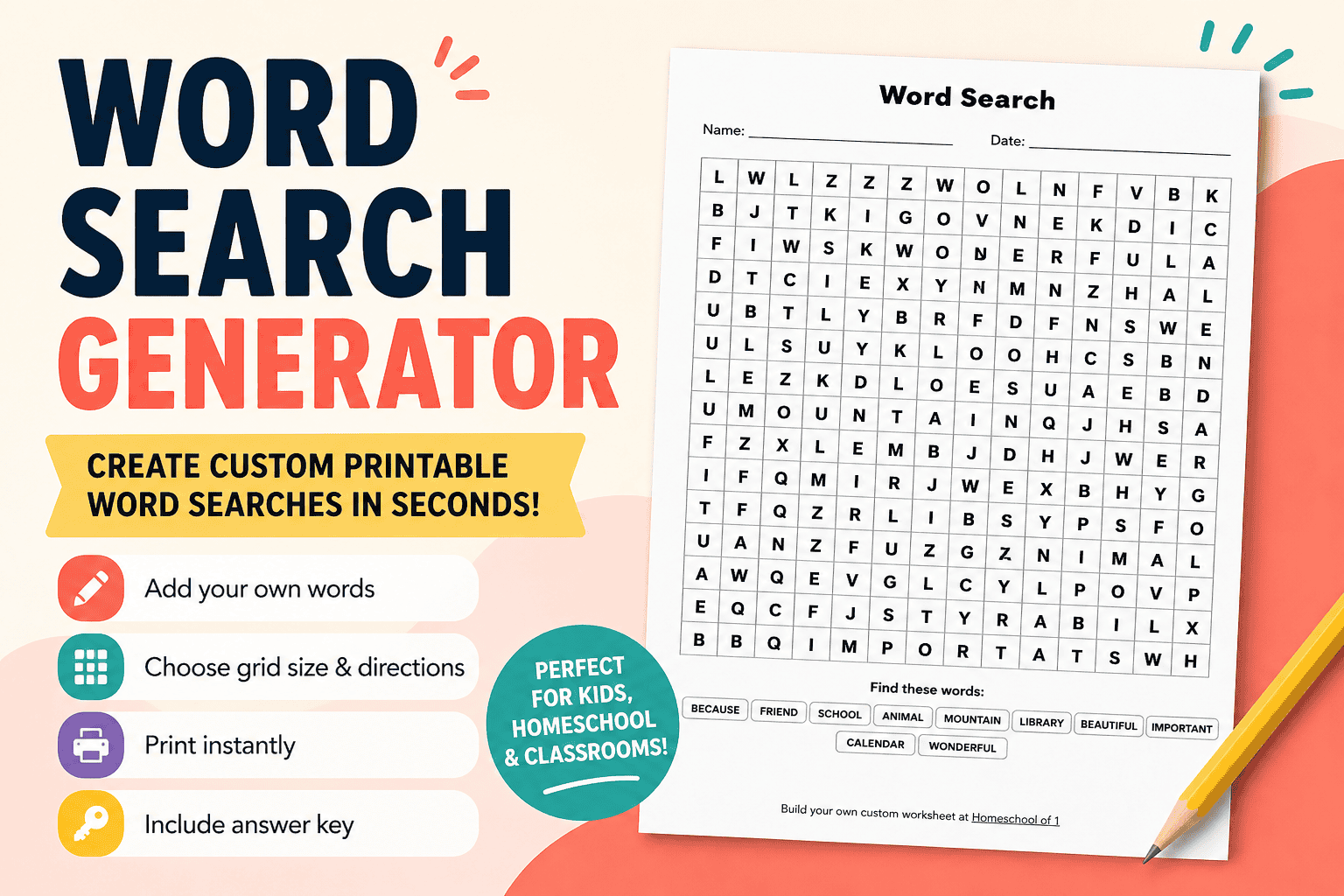 Word search generator tool with printable puzzle preview and customization options for kids worksheets