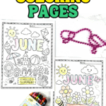 Summer June coloring pages with beach, flowers, sunshine, and outdoor play printable activities for kids