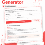 Pinterest graphic for a free Random Historical Event Generator showing the tool interface, history filters, and sample event result.
