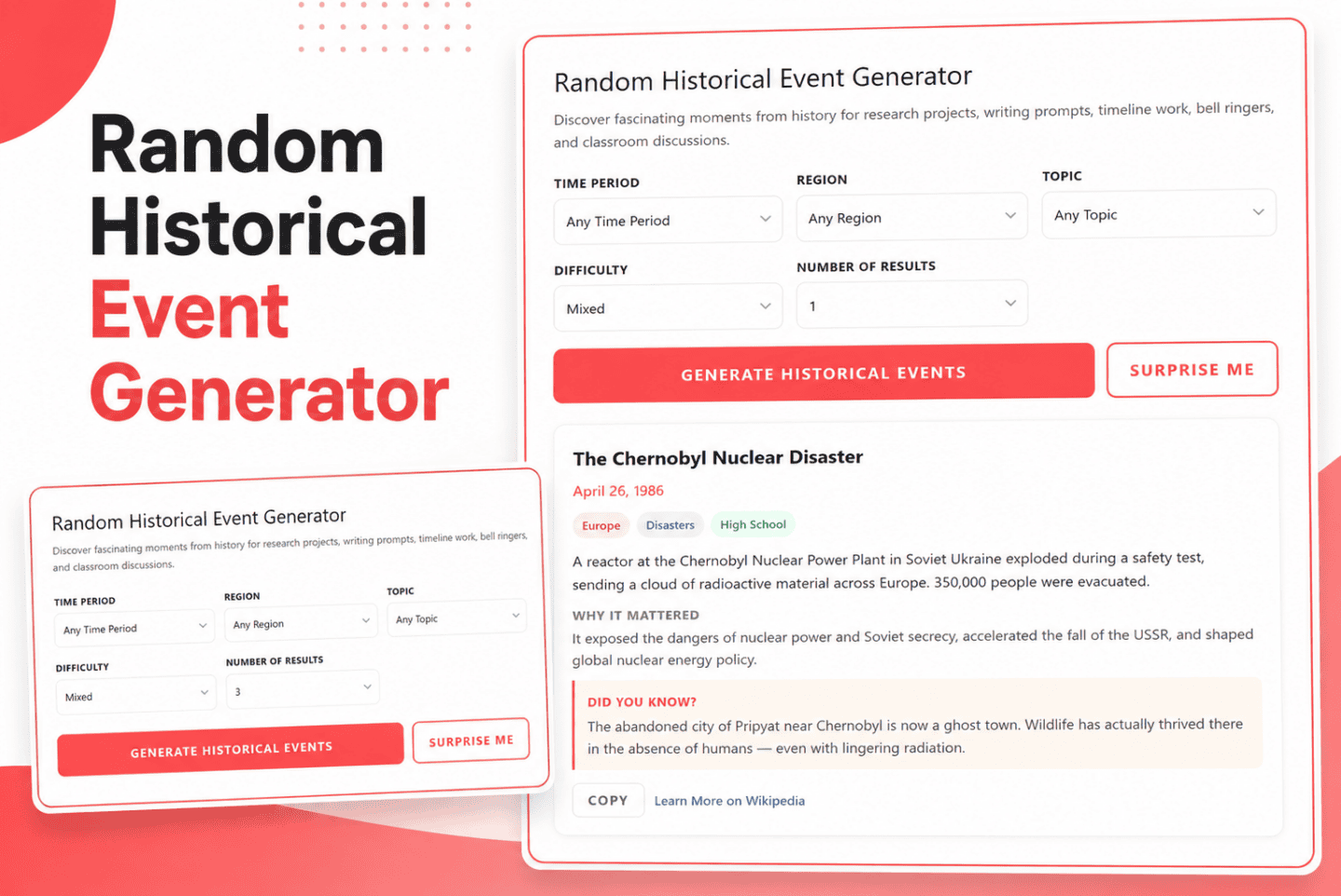 Random Historical Event Generator tool screenshot with filters for time period, region, topic, difficulty, and sample history result.