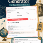 Pinterest image for a free Random Historical Event Generator, showing the tool interface with history filters, a sample event result, and vintage history-themed graphics.