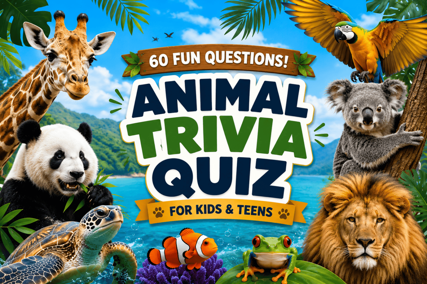 Animal trivia quiz featured image with giraffe, panda, koala, lion, sea turtle, parrot, clownfish, and frog surrounding colorful quiz title for kids and teens.