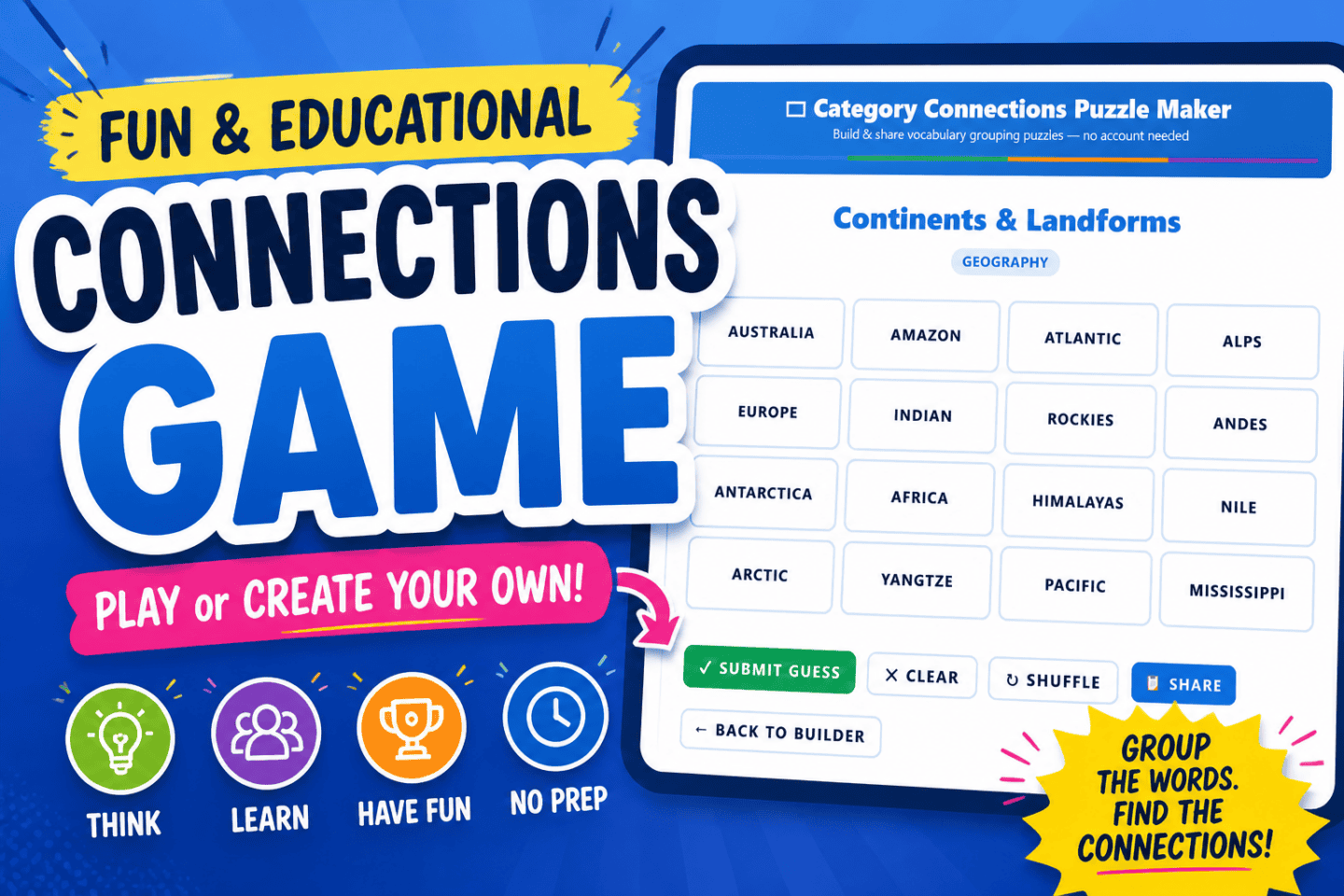 Free connections game showing word grouping puzzle for classroom or homeschool use
