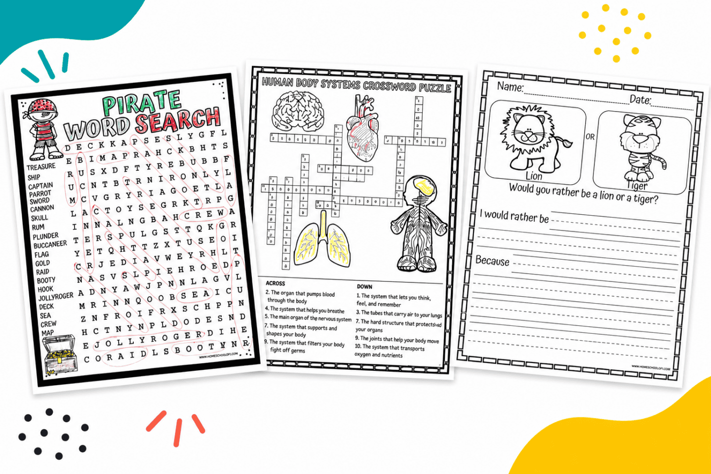 Printable kids activities including a word search, crossword puzzle, and writing prompt worksheet arranged on a bright background