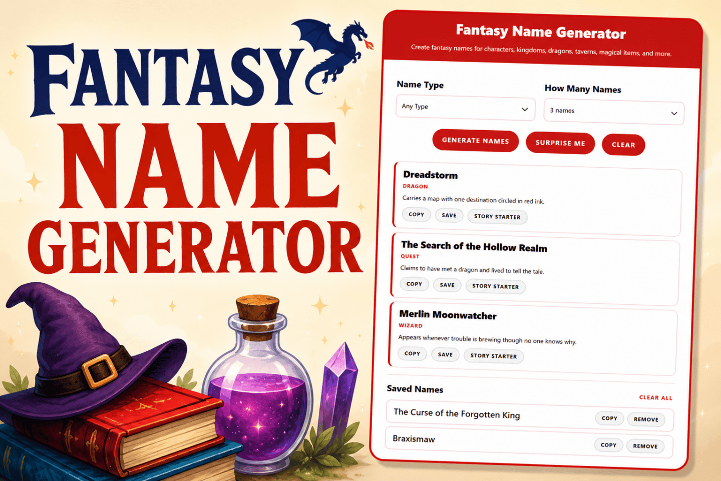 Fantasy name generator tool with dragon, wizard, and magical fantasy-themed graphics for creative writing ideas