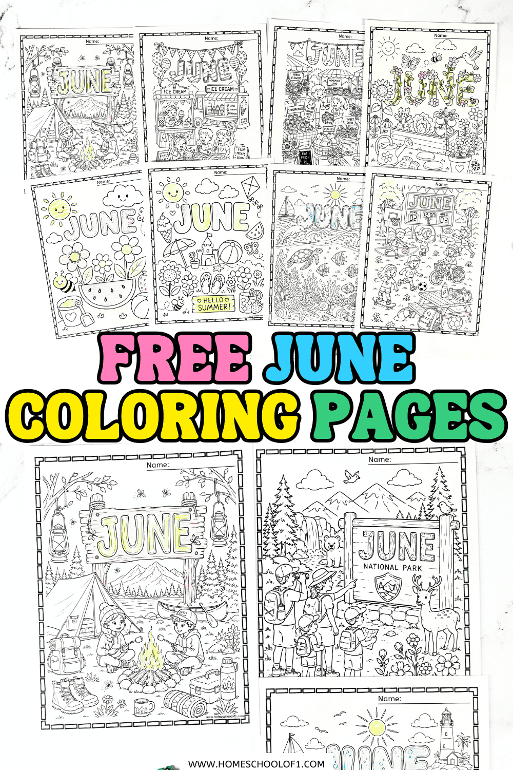 Free June coloring pages printable pack with summer-themed coloring sheets for kids including beach, flowers, and outdoor scenes