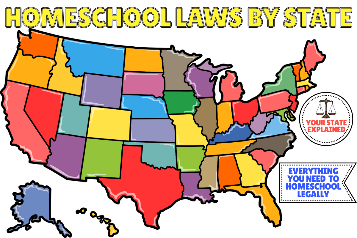 Homeschool laws by state map showing all 50 U.S. states with homeschool legal requirements, testing, and reporting information for homeschooling families.
