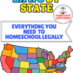 Homeschool laws by state infographic with a colorful United States map and information about homeschooling requirements, testing, and legal rules for all 50 states.