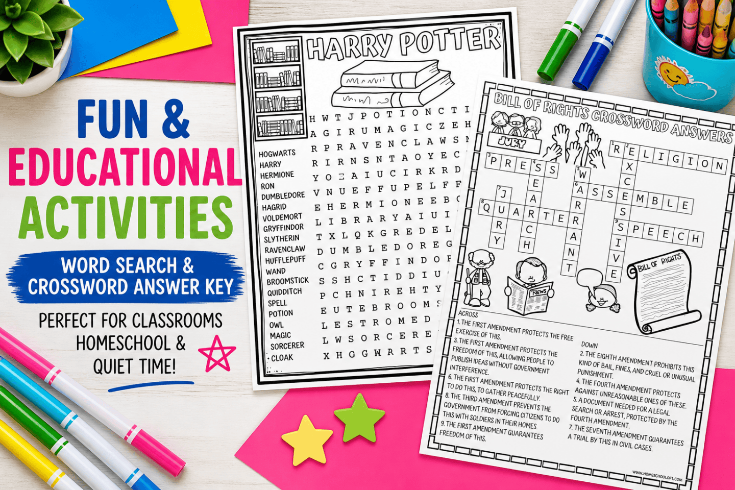Harry Potter word search and Bill of Rights crossword printable worksheets with crayons and school supplies on a desk