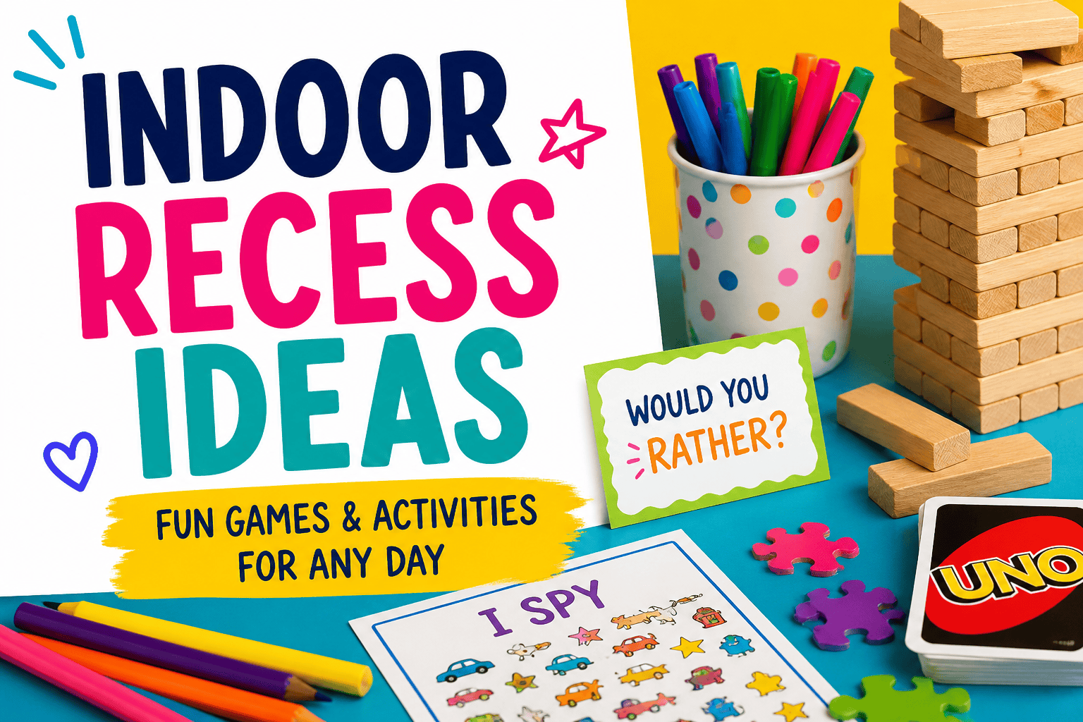 Colorful indoor recess ideas setup with games, drawing supplies, and bold text showing fun kids activities for rainy days