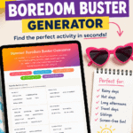 Colorful summer boredom buster generator pin featuring instant activity ideas for kids with rainy day, hot day, and screen-free activity suggestions