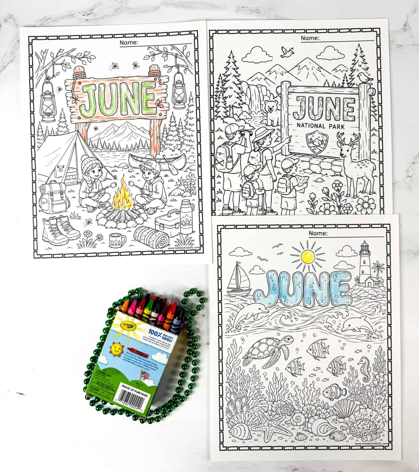 June color pages printable set with camping, national park, and ocean animal coloring sheets for kids