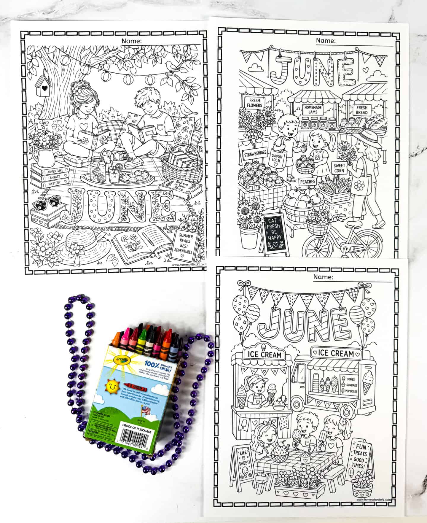 June color sheets for kids featuring reading picnic, farmers market, and ice cream festival coloring pages