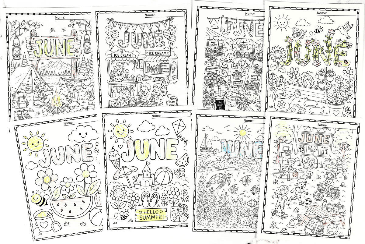 Collection of free June coloring pages for kids featuring camping, ocean animals, summer sports, gardens, and farmers markets