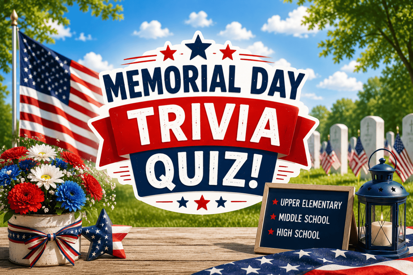 Memorial Day trivia quiz featured image with patriotic red, white, and blue decorations, American flag, cemetery flags, flowers, lantern, and quiz title for kids and teens.