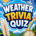 Weather Trivia Quiz Pinterest graphic featuring bright weather icons including sunshine, thunderstorm, rainbow, thermometer, and barometer.
