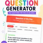 Random question generator for kids with colorful title and example question, ideal for classroom and homeschool use