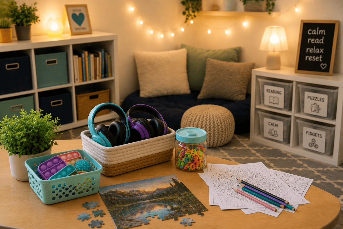 Cozy classroom calm corner with headphones, puzzles, fidget toys, reading nook, and soft lighting for quiet student rewards