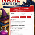 Fantasy name generator for kids featuring fantasy character names, dragons, quests, kingdoms, and magical story prompts