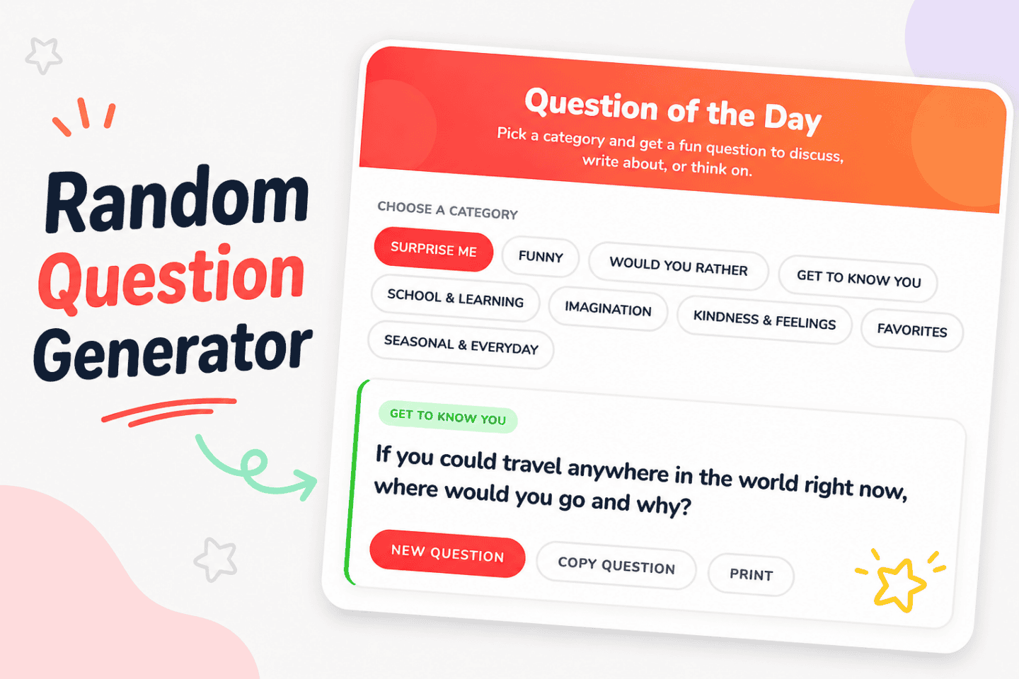 Random question generator for kids showing categories and a sample question on a clean background