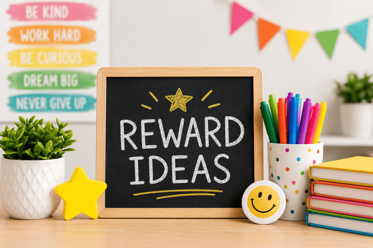 Colorful classroom-themed featured image with reward ideas for students sign, school supplies, books, and bright teacher decor