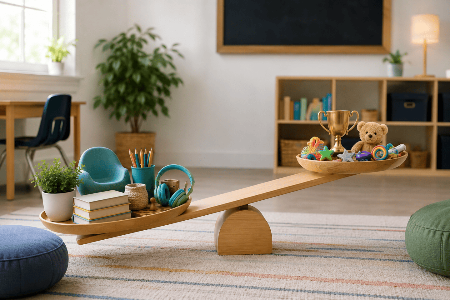 Minimal classroom scene showing free student reward ideas with flexible seating, books, classroom games, and creative learning activities