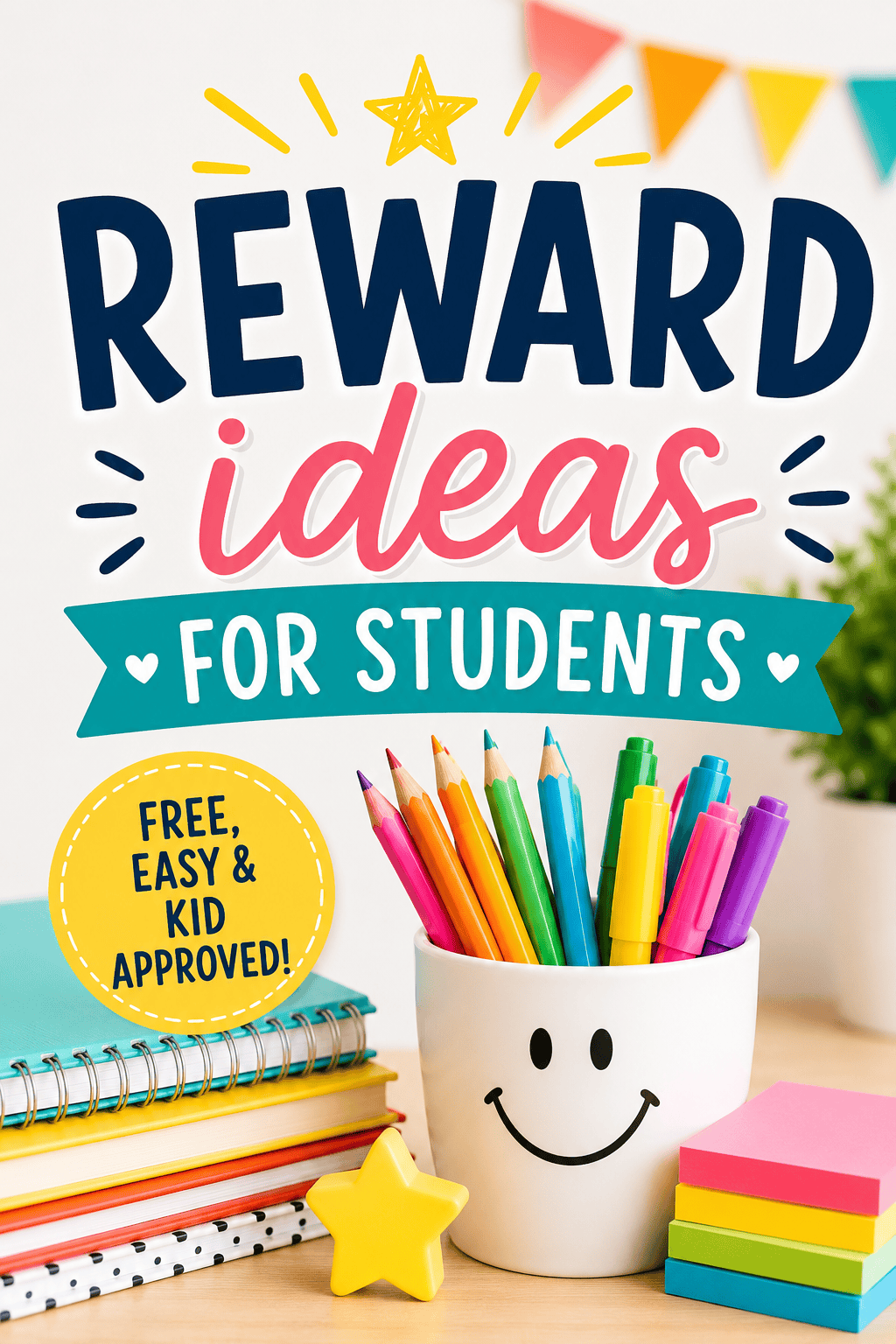Pinterest graphic for reward ideas for students featuring colorful classroom supplies and free classroom reward ideas for kids