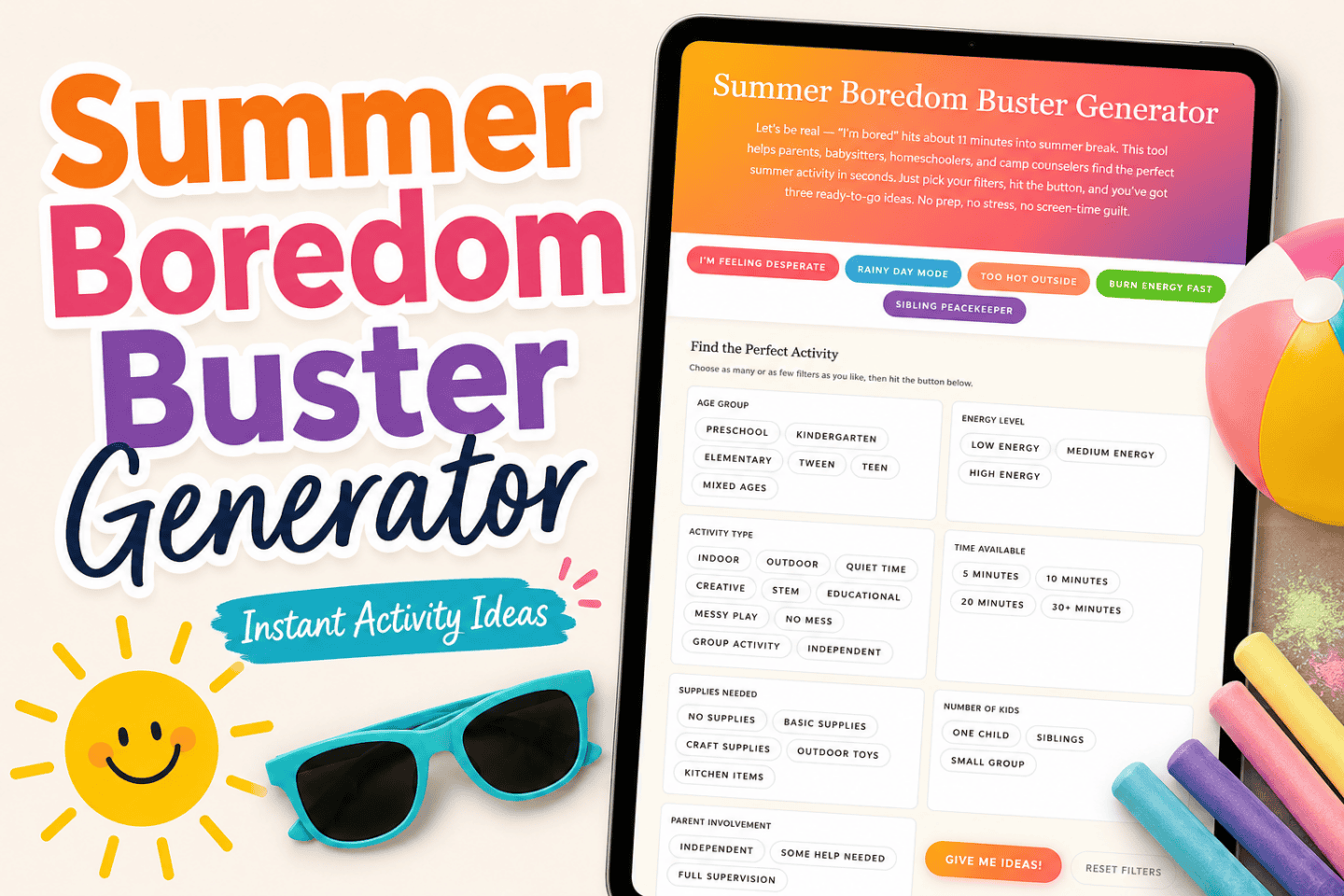 Summer boredom buster generator for kids shown on a tablet with colorful summer graphics and instant activity ideas