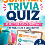 Summer trivia quiz with colorful beach theme, 60 multiple choice questions, and quiz categories for upper elementary, middle school, and high school students.