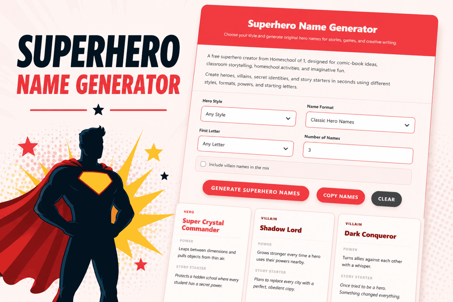 Superhero Name Generator tool with comic-style design showing hero name filters, villain options, and generated character examples
