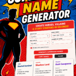 Pinterest graphic for a Superhero Name Generator featuring comic-book style hero names, villains, powers, and story starters for kids creative writing activities