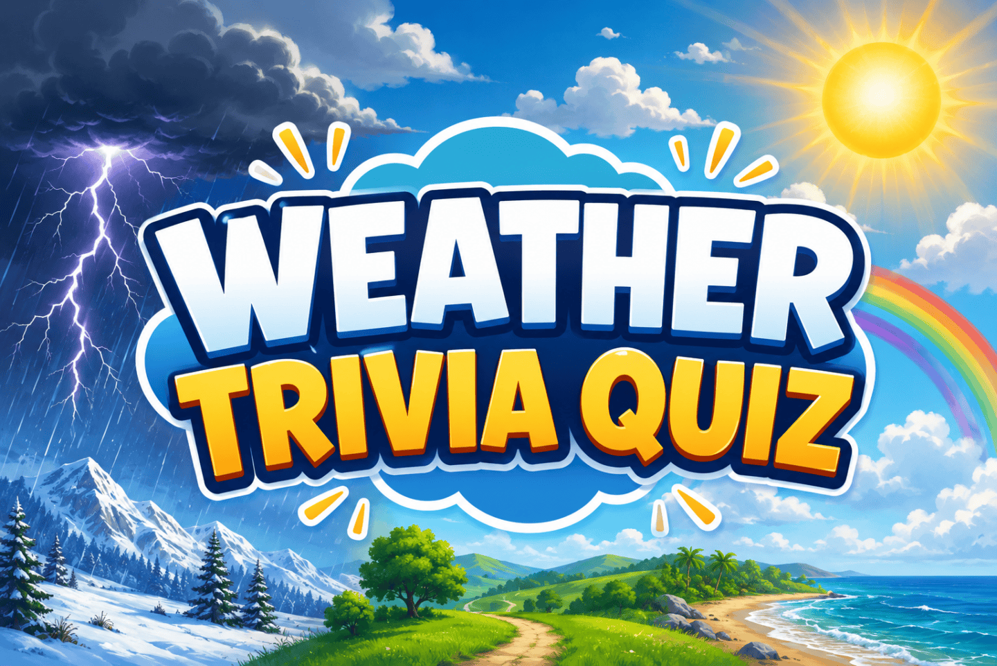 Weather Trivia Quiz featured image with sunshine, lightning storm, rainbow, snowy mountains, and bold title in the center.