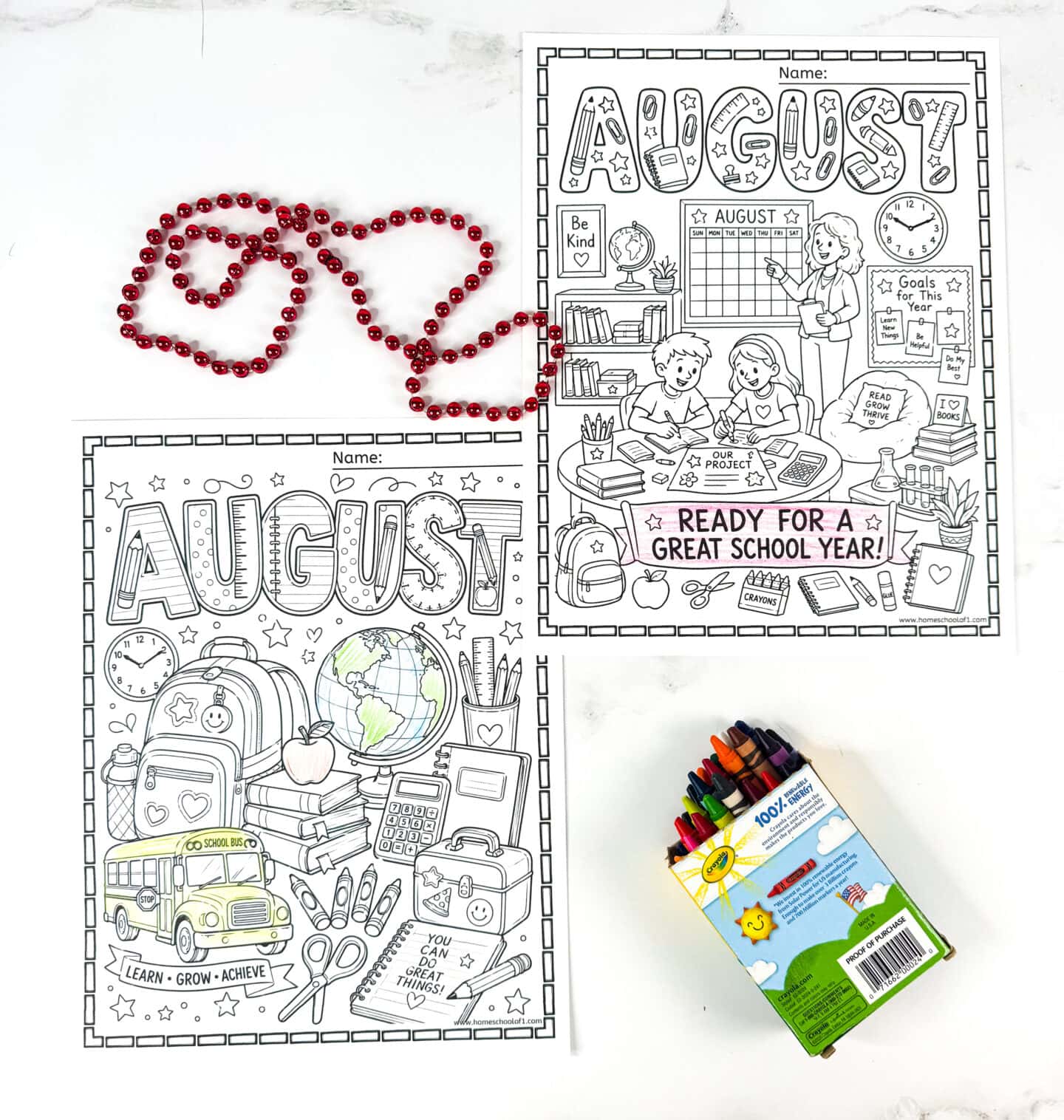 Back to school August coloring pages featuring classroom activities, school bus, backpacks, and ready for a great school year printable