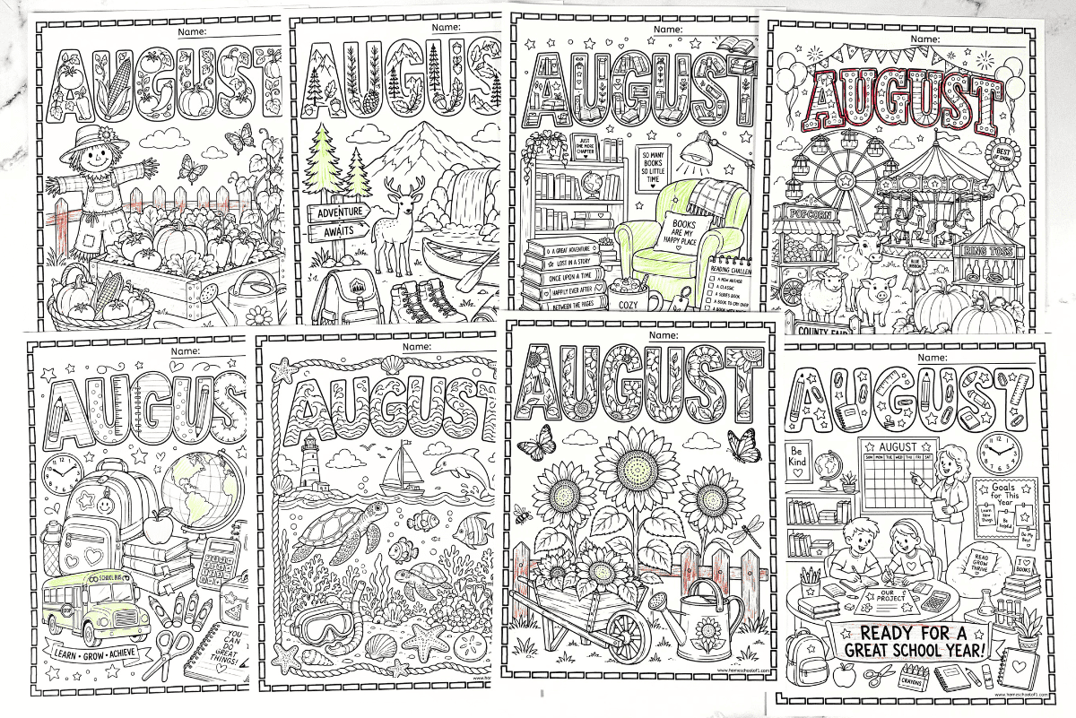 Free August coloring pages featuring back to school, sunflowers, county fair, ocean animals, harvest garden, books, and outdoor adventure coloring sheets