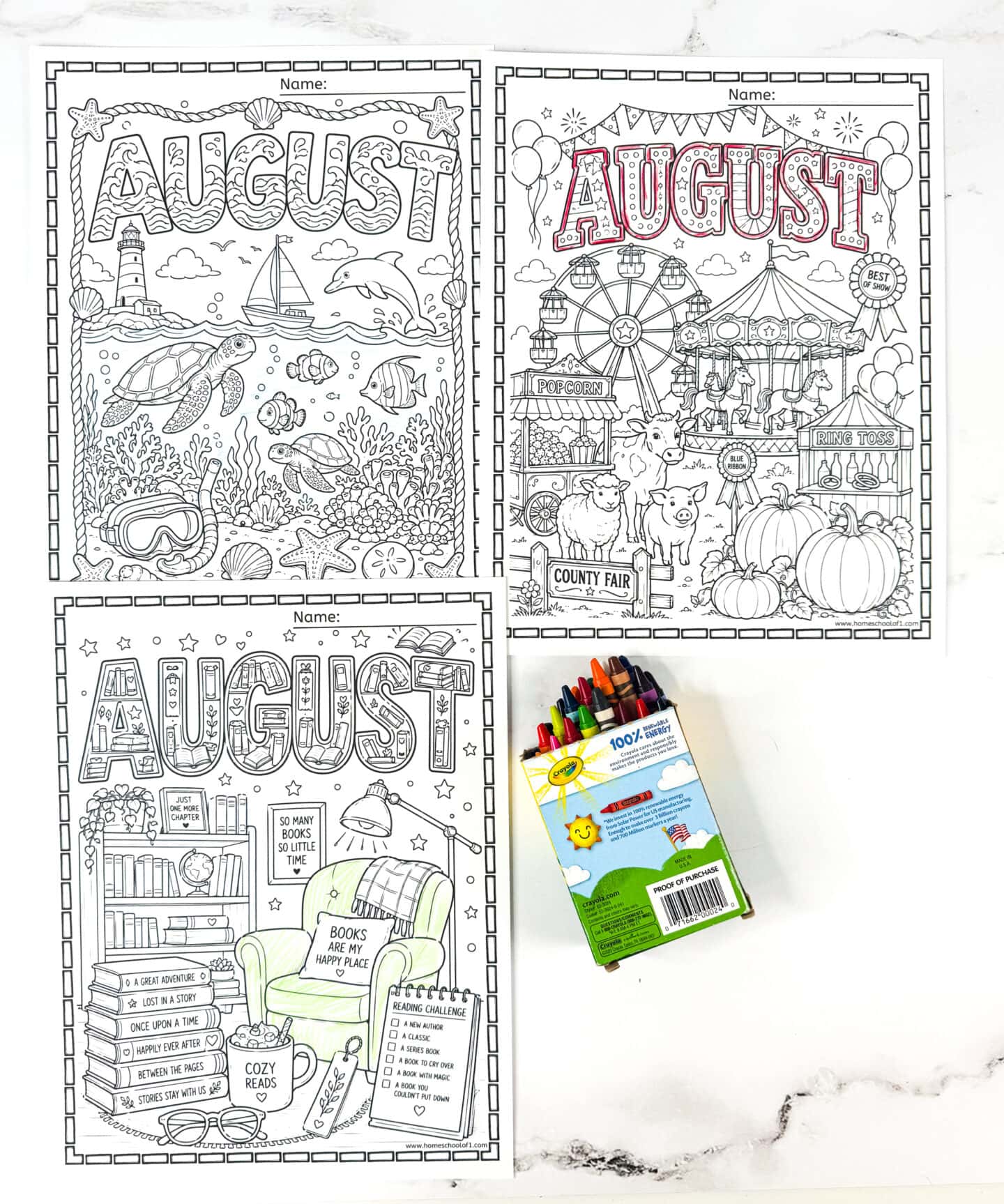 August coloring sheets featuring ocean animals, county fair attractions, and cozy reading coloring pages for kids