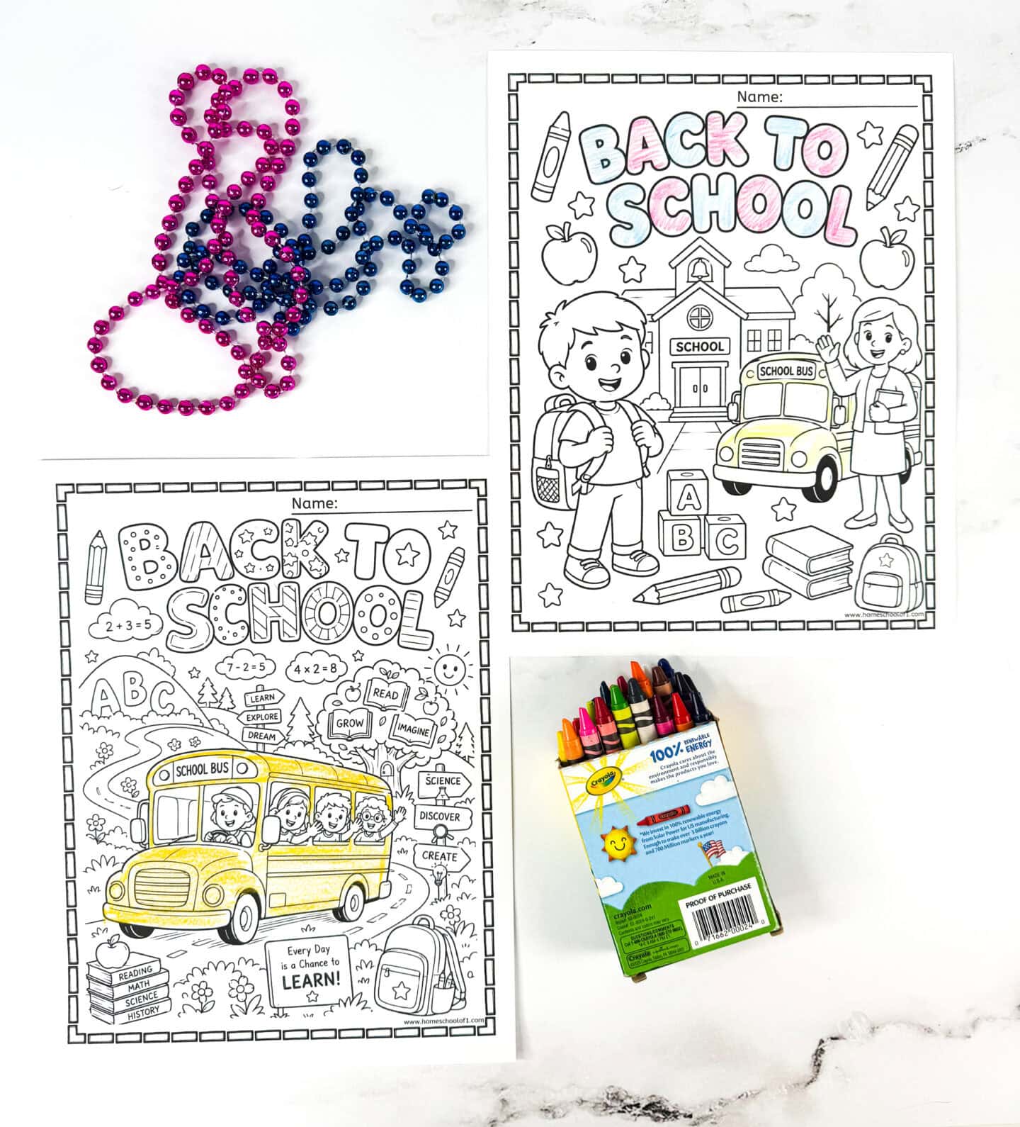 Back to school coloring sheets featuring a school bus, classroom, teacher, students, backpacks, and school supplies