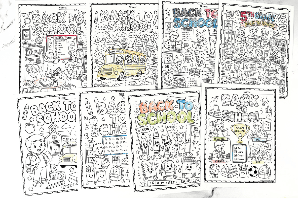 Printable back to school coloring pages set with 10 school-themed coloring sheets for kids featuring reading, science, art, and classroom activities