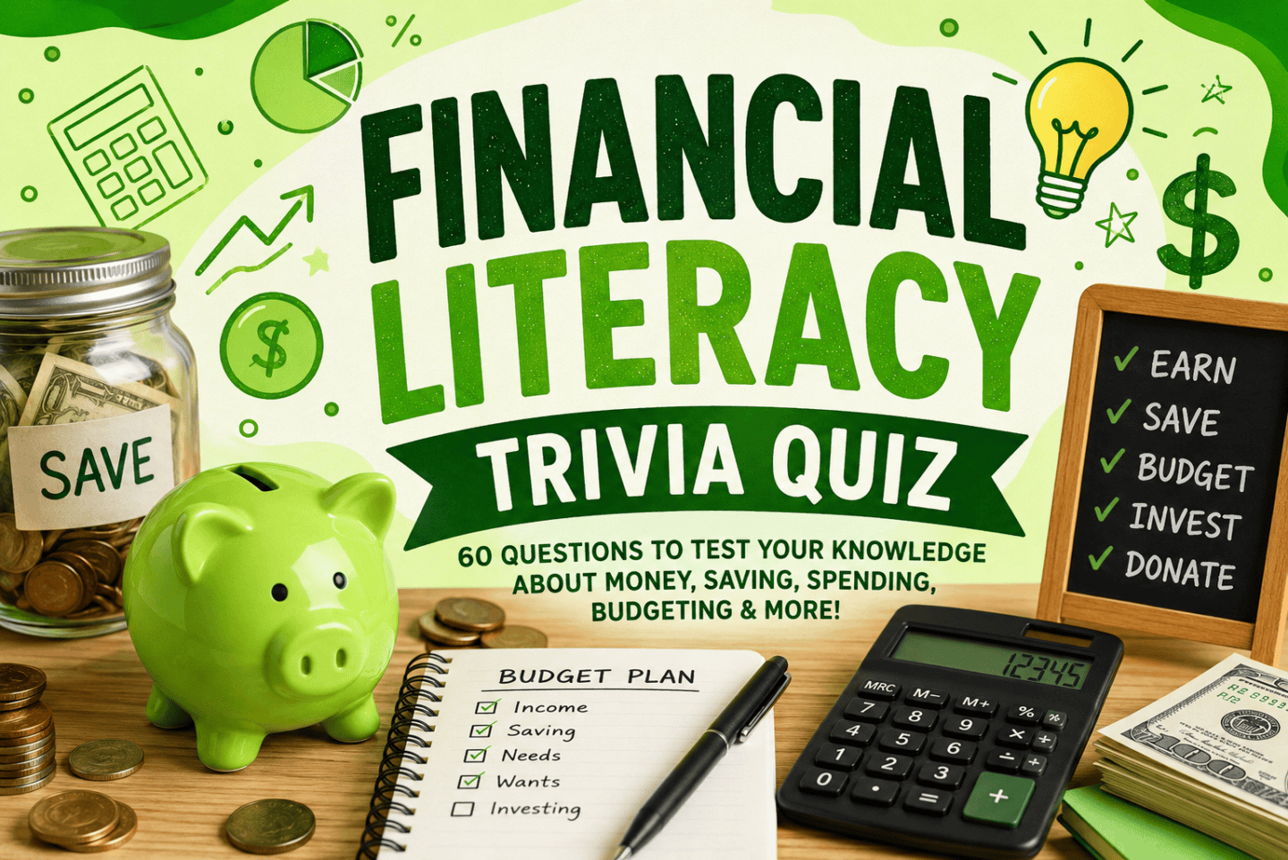 Financial literacy trivia quiz with piggy bank, calculator, budget planner, and money-saving icons.