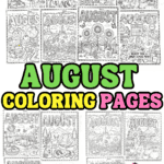 Printable August coloring pages set with 8 coloring sheets featuring summer activities, back to school themes, sunflowers, books, and county fair fun
