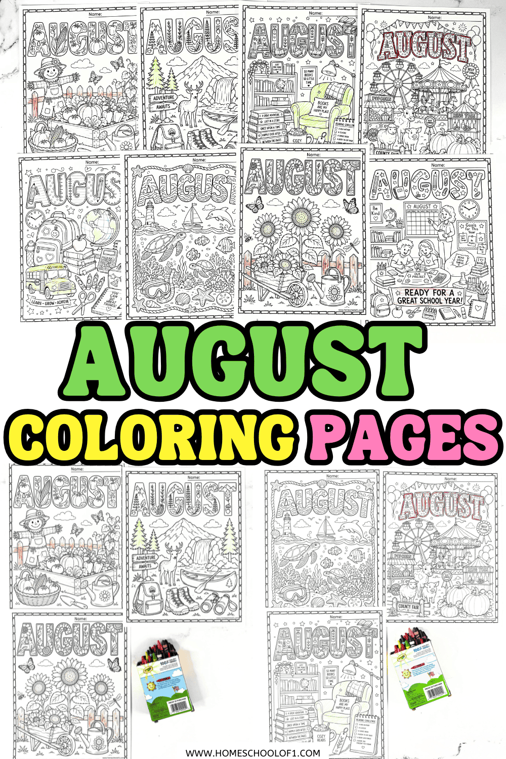 Printable August coloring pages set with 8 coloring sheets featuring summer activities, back to school themes, sunflowers, books, and county fair fun