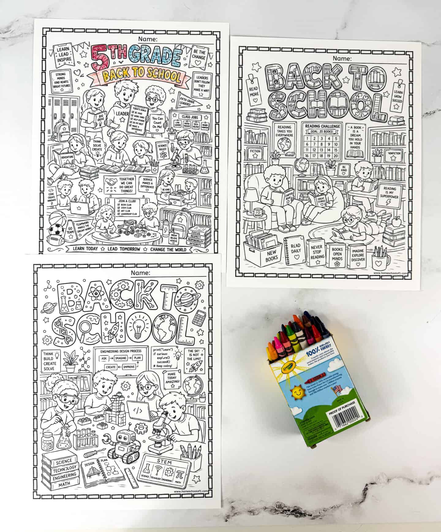 Back to school coloring sheets featuring classroom goals, reading, math, science, art, and school challenge activities
