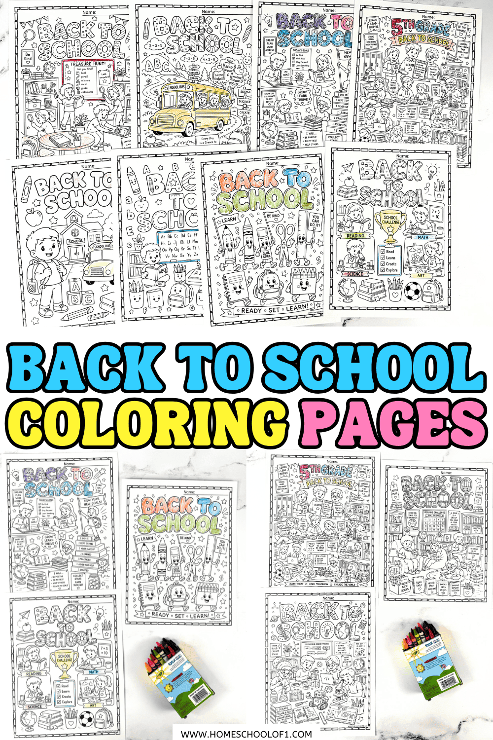 Free back to school coloring pages featuring classroom activities, school supplies, reading, science, STEM, and first day of school printables