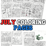 July coloring pages for kids including summer bucket list, sports coloring page, and printable summer activities