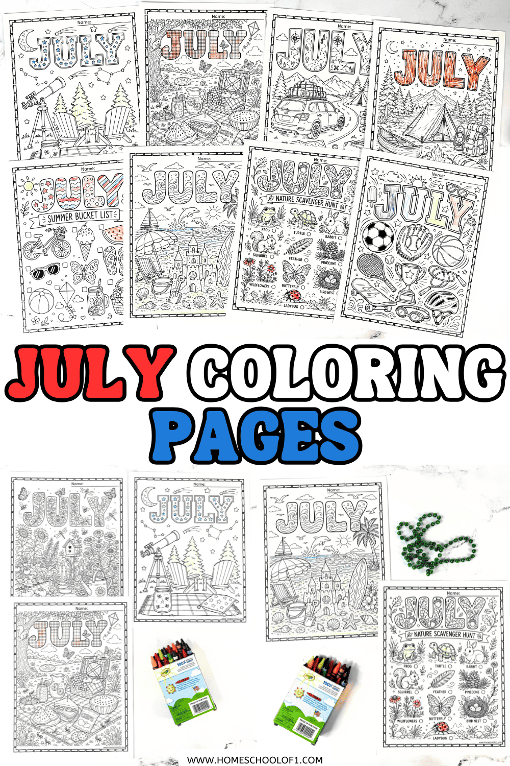 July coloring pages for kids including summer bucket list, sports coloring page, and printable summer activities