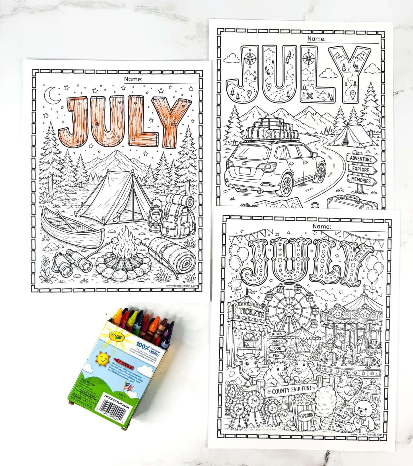 July coloring sheets featuring camping adventure, summer road trip, and county fair coloring pages for kids