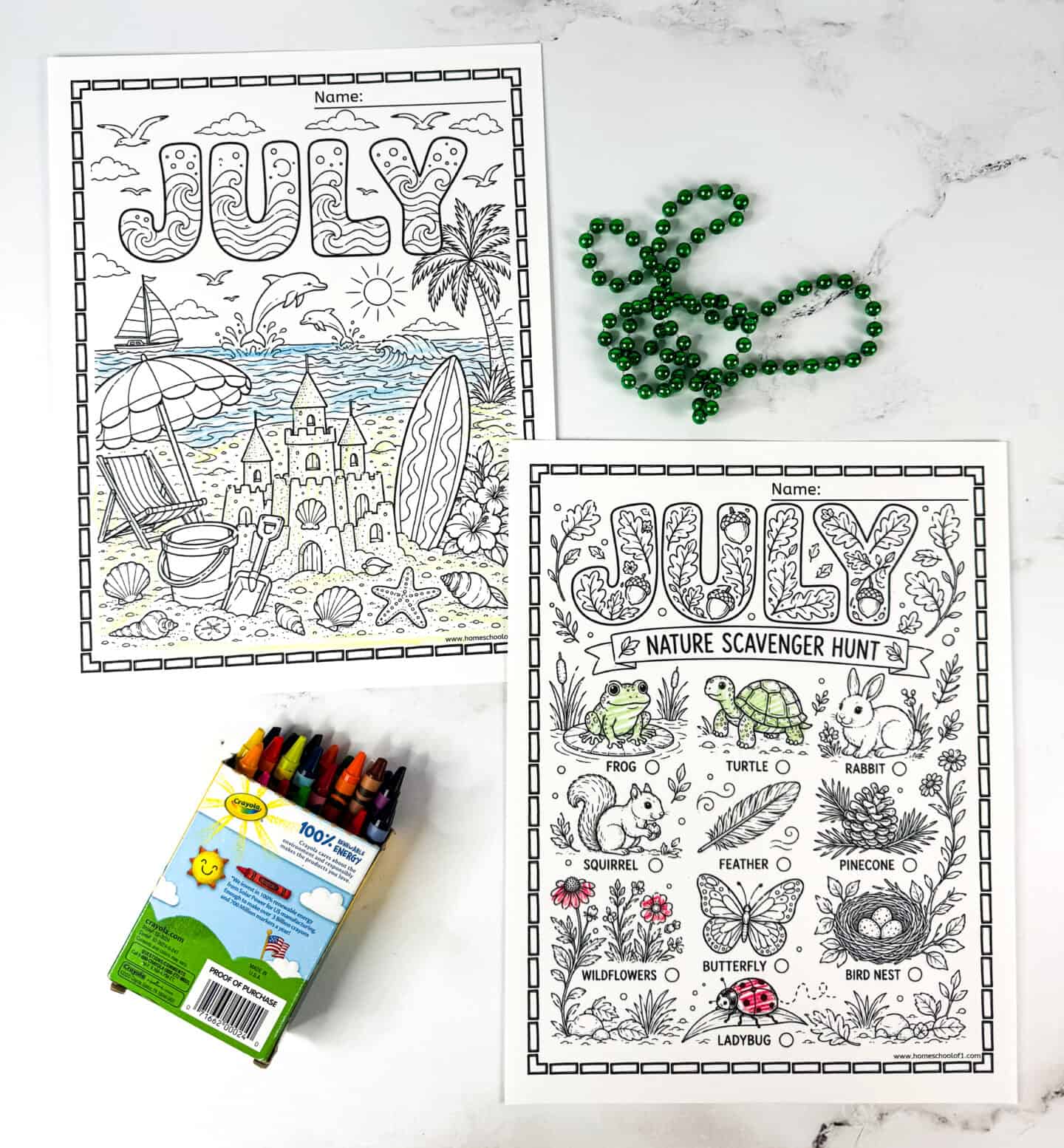 July coloring pages with beach day scene and nature scavenger hunt printable for summer learning