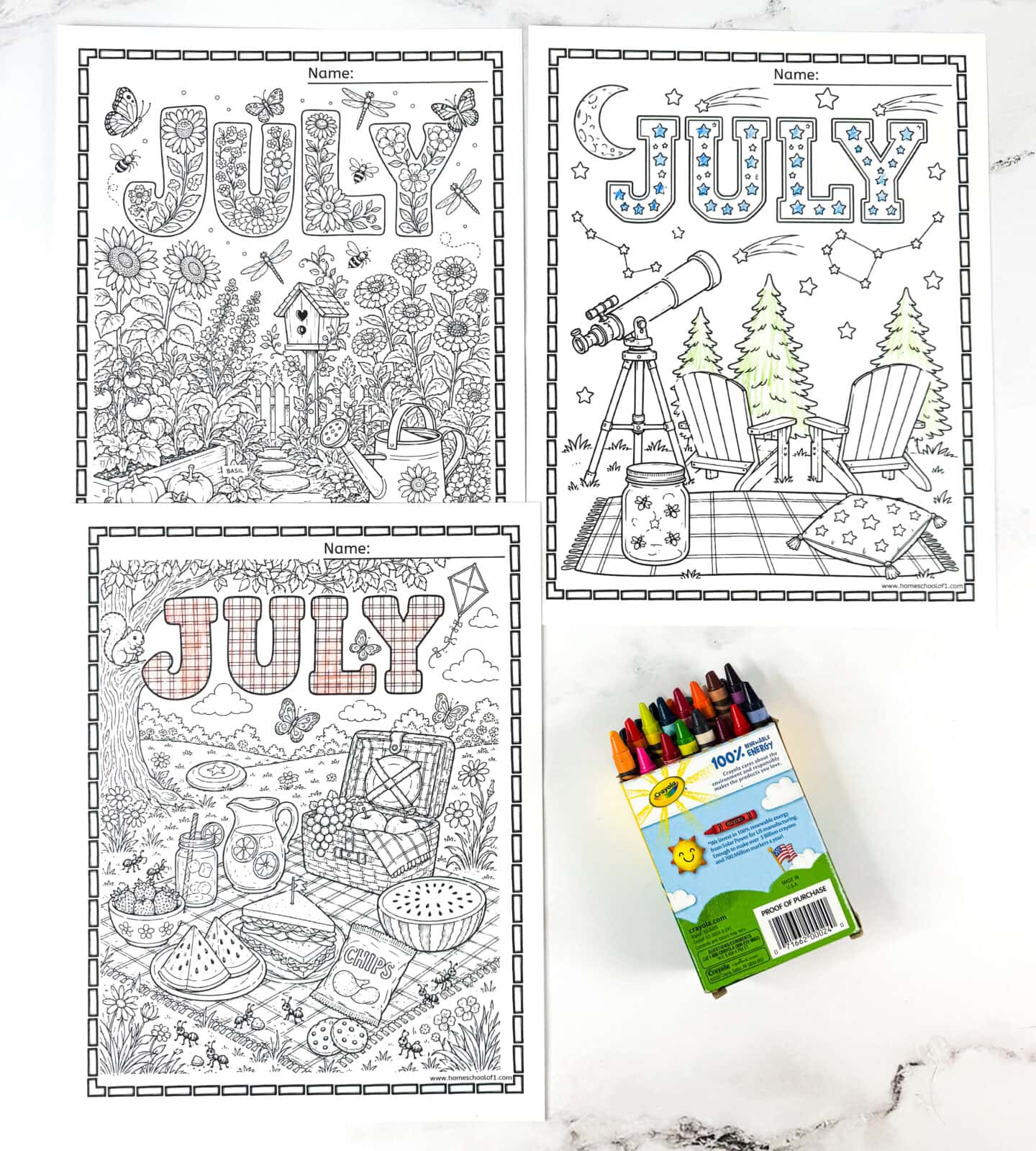 Summer July coloring pages featuring garden, picnic, and stargazing outdoor activities for kids