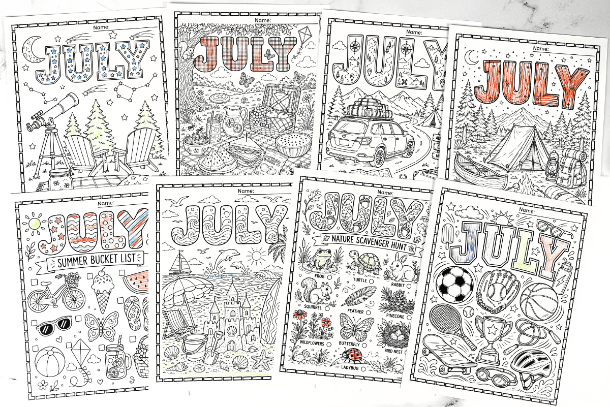 July coloring pages printable featuring camping, beach, picnic, sports, road trip, stargazing, garden, county fair, and nature scavenger hunt activities